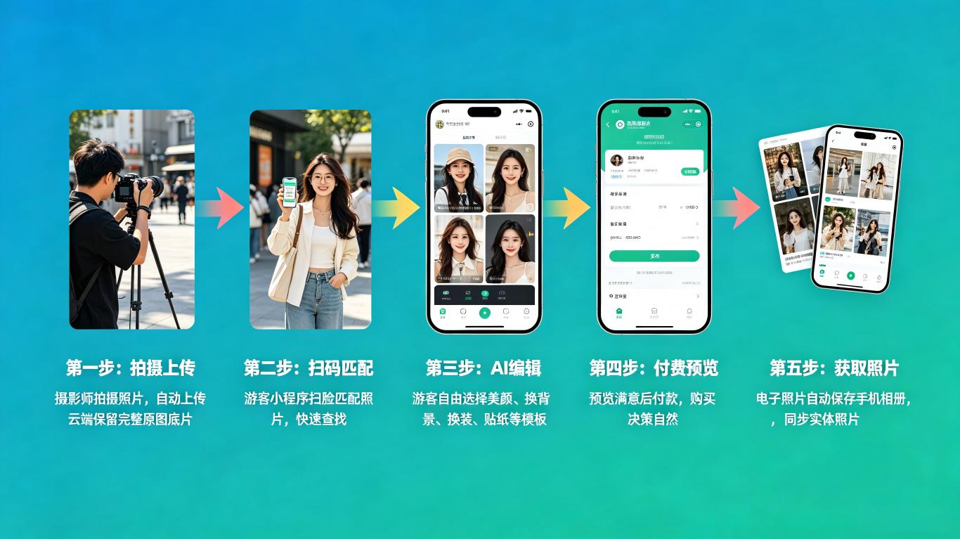 模式二流程图，展示拍摄上传、扫码匹配、AI编辑、付费预览与获取照片的完整流程